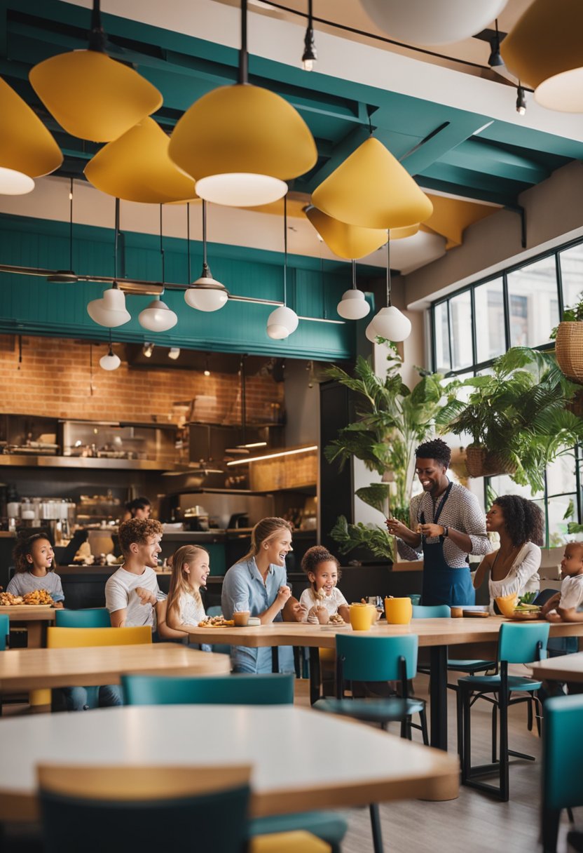 A cheerful, colorful restaurant with a play area, kid-friendly menu, and families enjoying their meals together