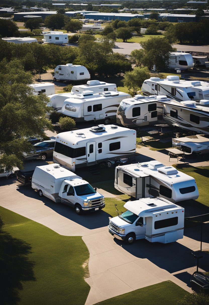 A bustling RV park in Waco, Texas, with spacious sites, full hookups, well-maintained facilities, and a lively community atmosphere