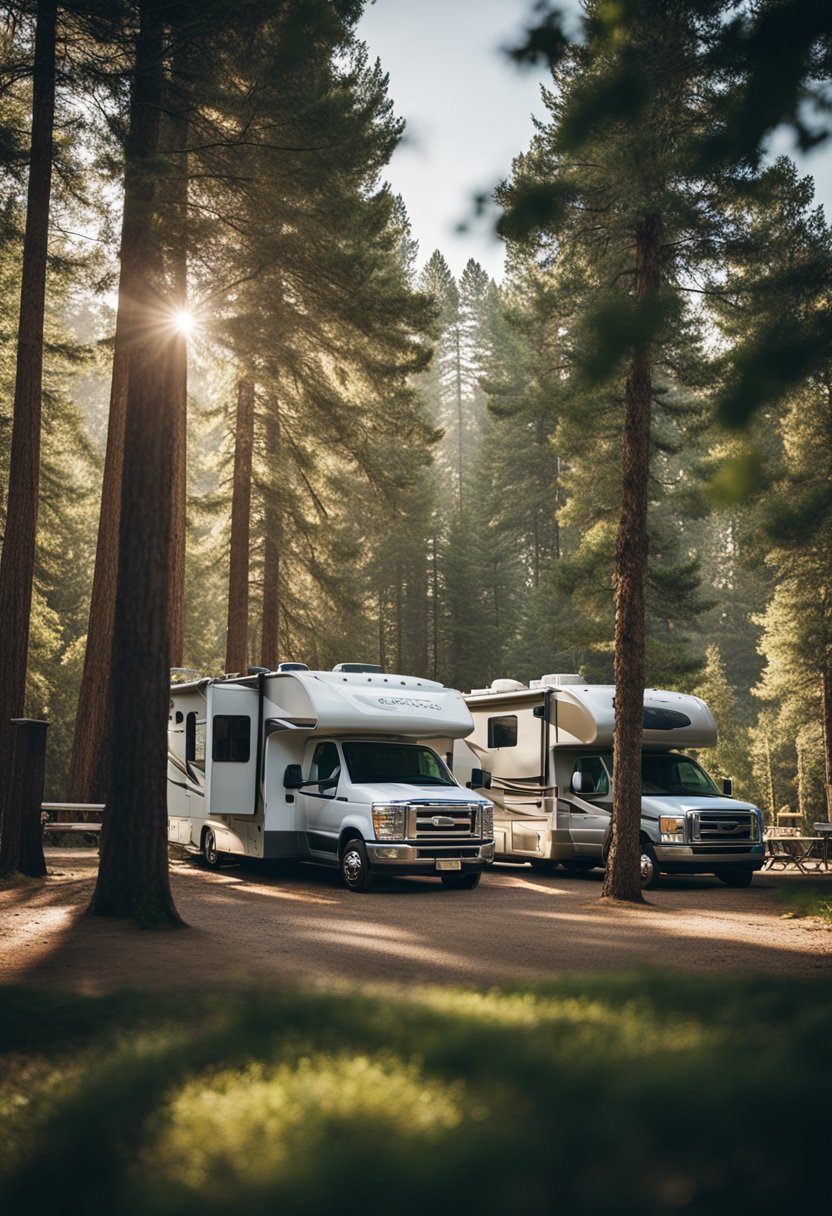 A serene campground nestled among tall trees, with RVs parked in spacious, well-equipped sites. Amenities include a pool, playground, and picnic areas