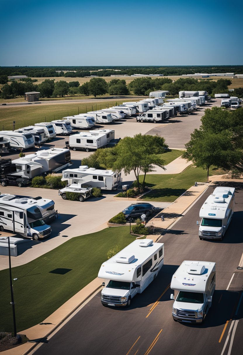 A bustling RV park with full amenities nestled under a clear blue sky along the I-35 in Waco