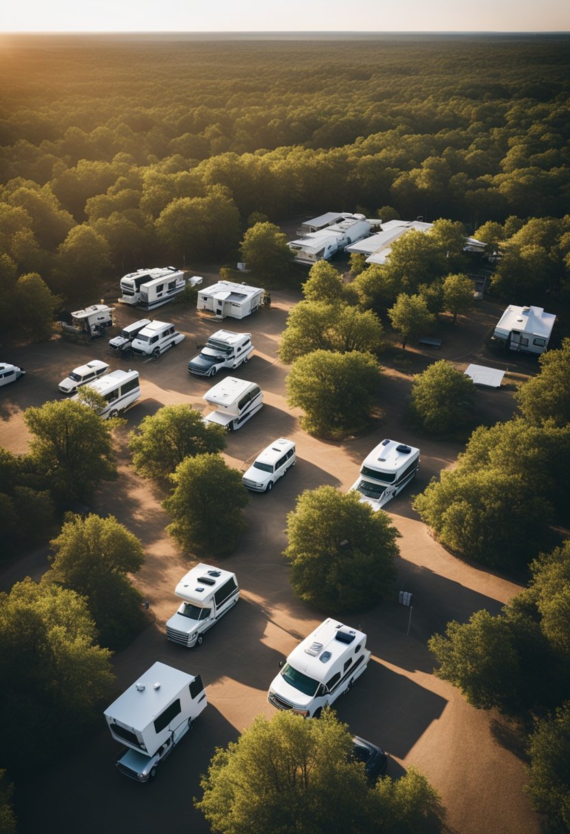 A serene RV park nestled among tall trees, with spacious lots and full amenities, located in the scenic North Crest area of Waco