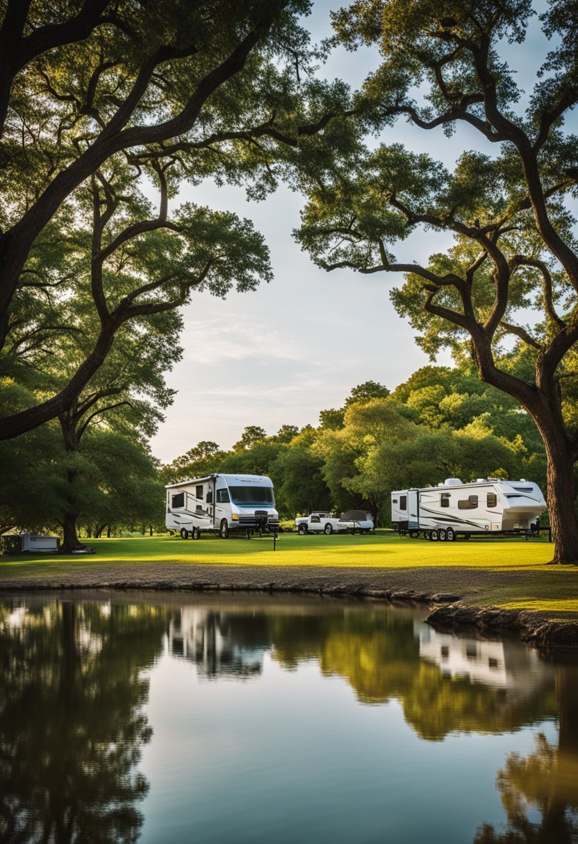 A serene RV park nestled by Lake Waco, with lush greenery, spacious sites, and full amenities for a relaxing stay