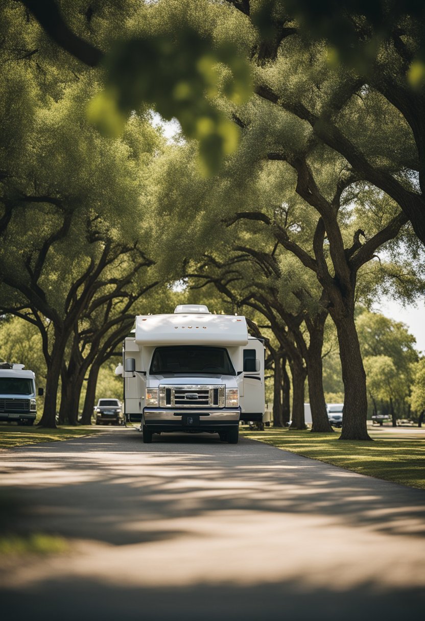 A serene RV park with full amenities nestled in the lush greenery of Midway Park, Waco