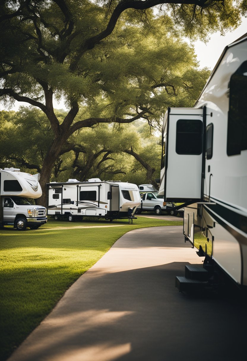 A serene RV park nestled among the scenic Brazos Bluffs, with full amenities and lush greenery in Waco