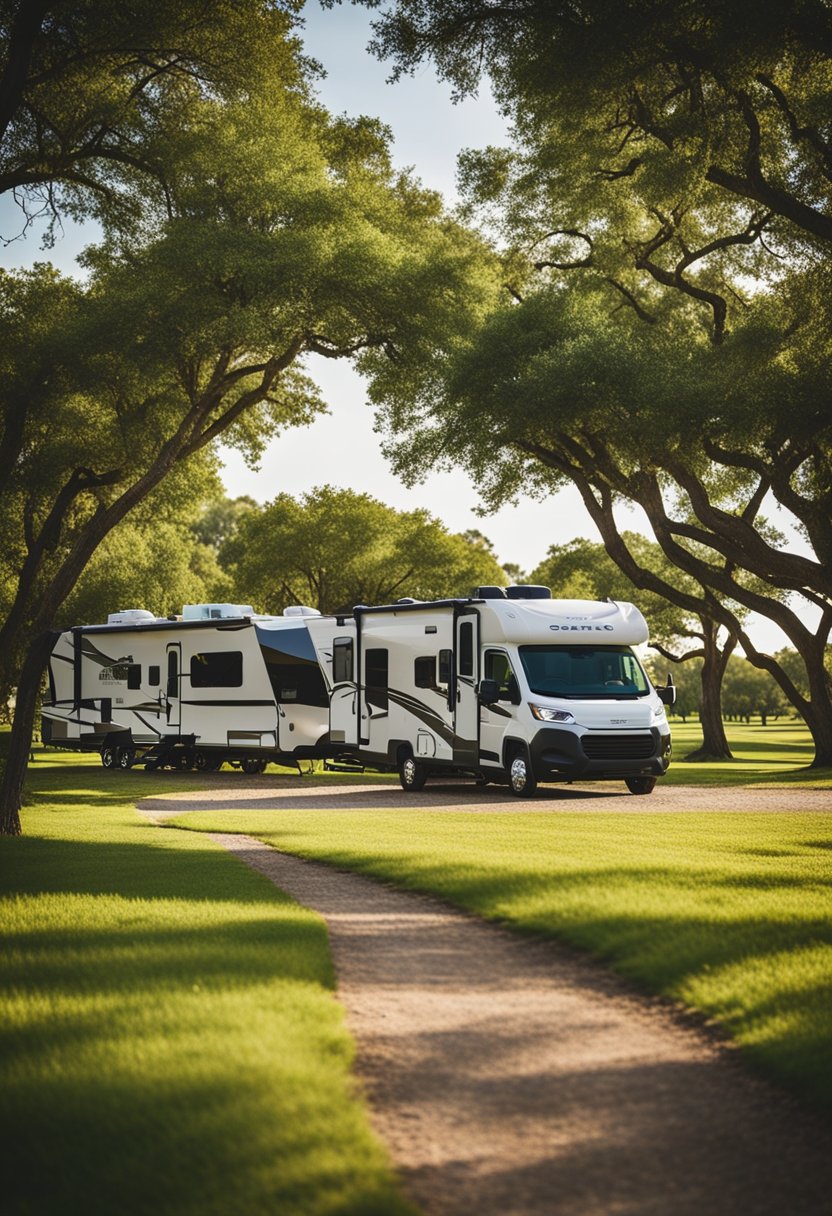 A serene RV park nestled in the countryside, with spacious sites, full amenities, and lush greenery, offering a peaceful retreat for travelers in Waco