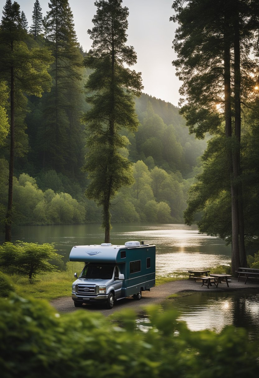 A serene campground nestled by the river, surrounded by lush greenery and equipped with modern amenities for RV travelers