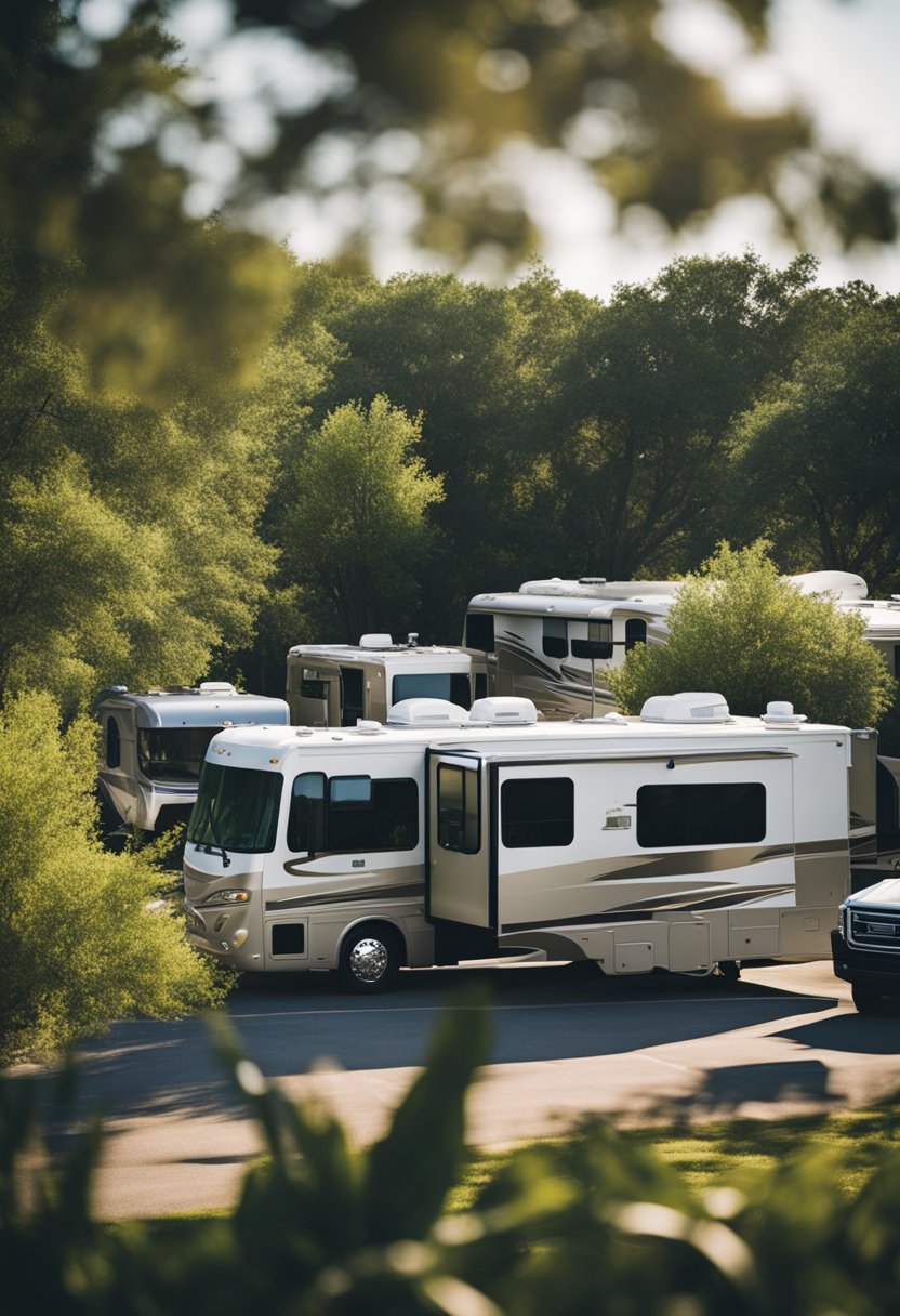 A bustling RV park in Waco, Texas, with modern amenities and spacious sites nestled among lush greenery