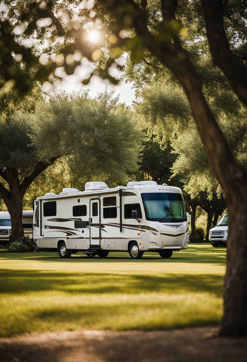 An RV parked under a shady tree at a Waco RV park, with full amenities like water hookups and picnic tables, surrounded by green grass and other RVs