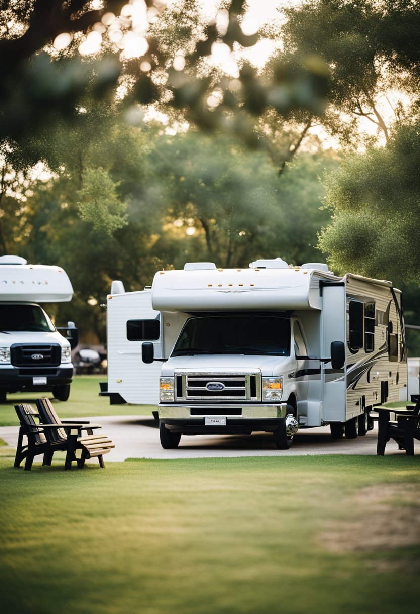 A bustling RV park in Waco, Texas, with spacious campsites, modern amenities, lush greenery, and families enjoying outdoor activities