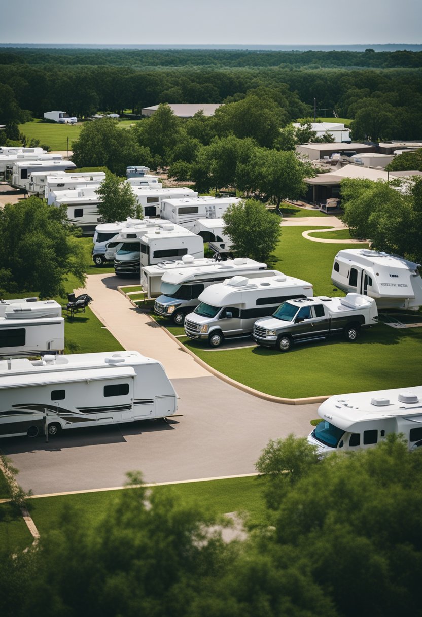 An RV park in Waco, Texas, with lush greenery, spacious parking spots, and a central building with full amenities like showers, laundry, and a community room