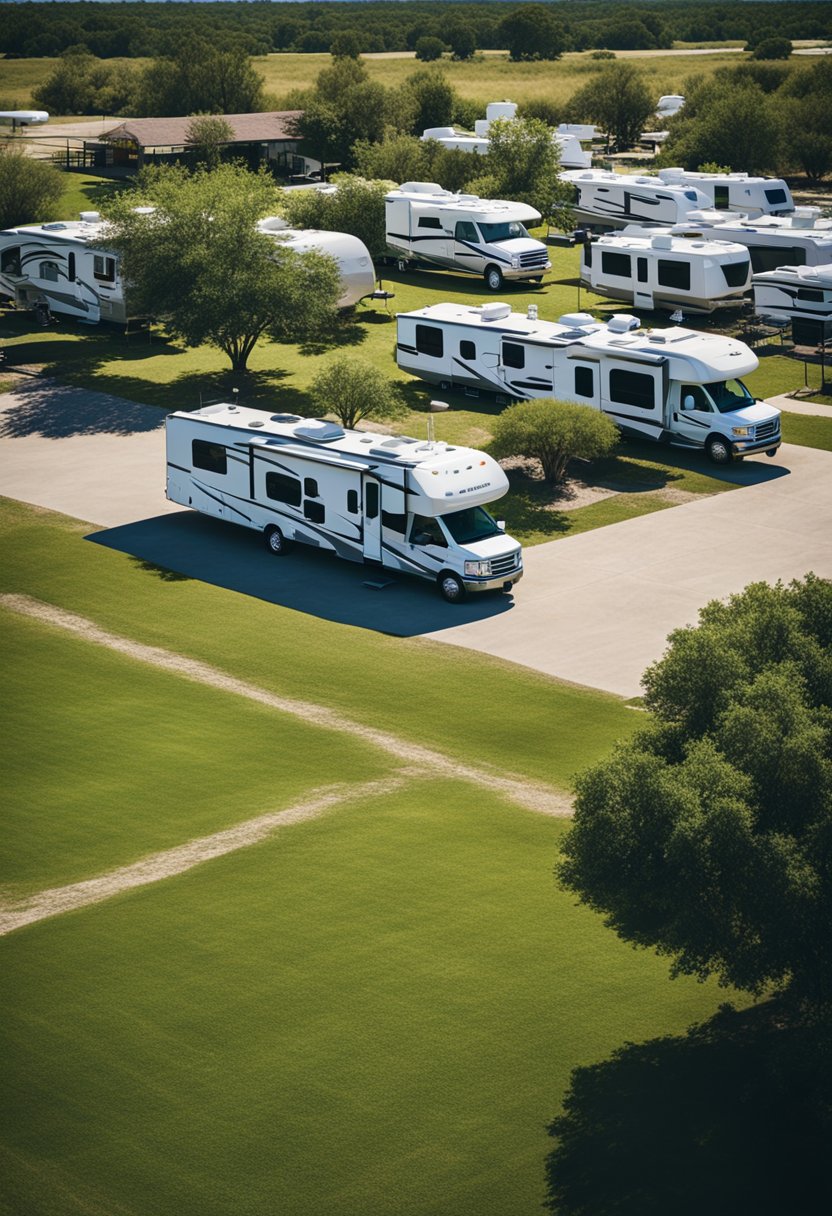 A sunny day at a well-maintained RV park in Waco, with spacious sites, full hook-ups, clean facilities, and recreational amenities