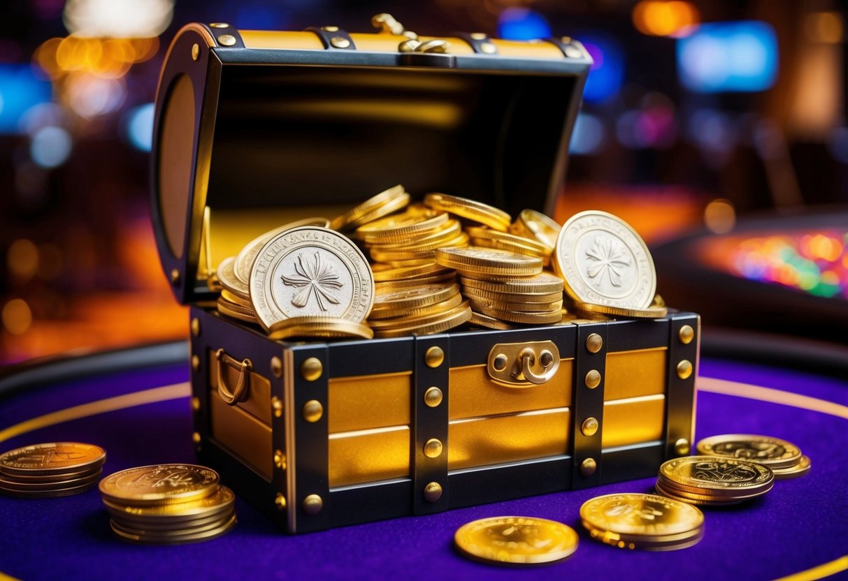 A treasure chest overflowing with gold coins and two sparkling sweeps coins on a vibrant casino background