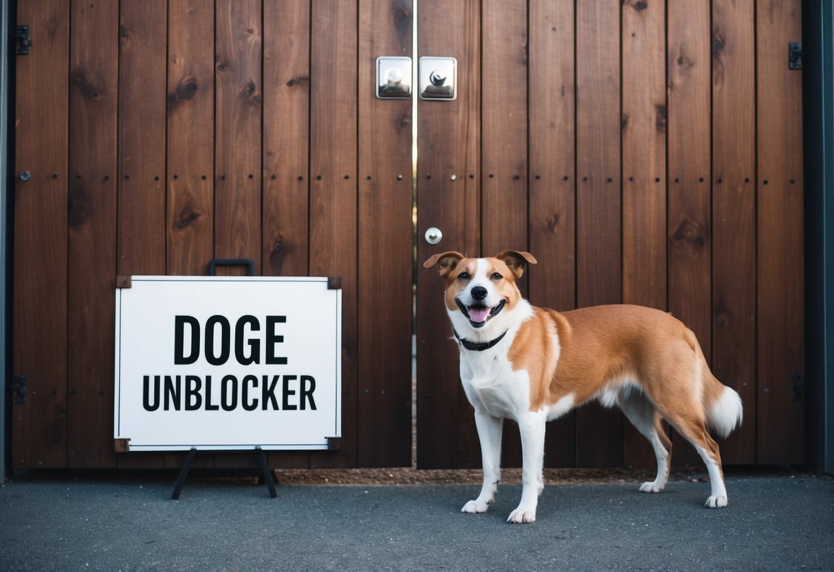 A happy dog stands in front of a large, wooden gate with a sign that reads "Doge Unblocker." The dog is wagging its tail and looking eagerly at the gate