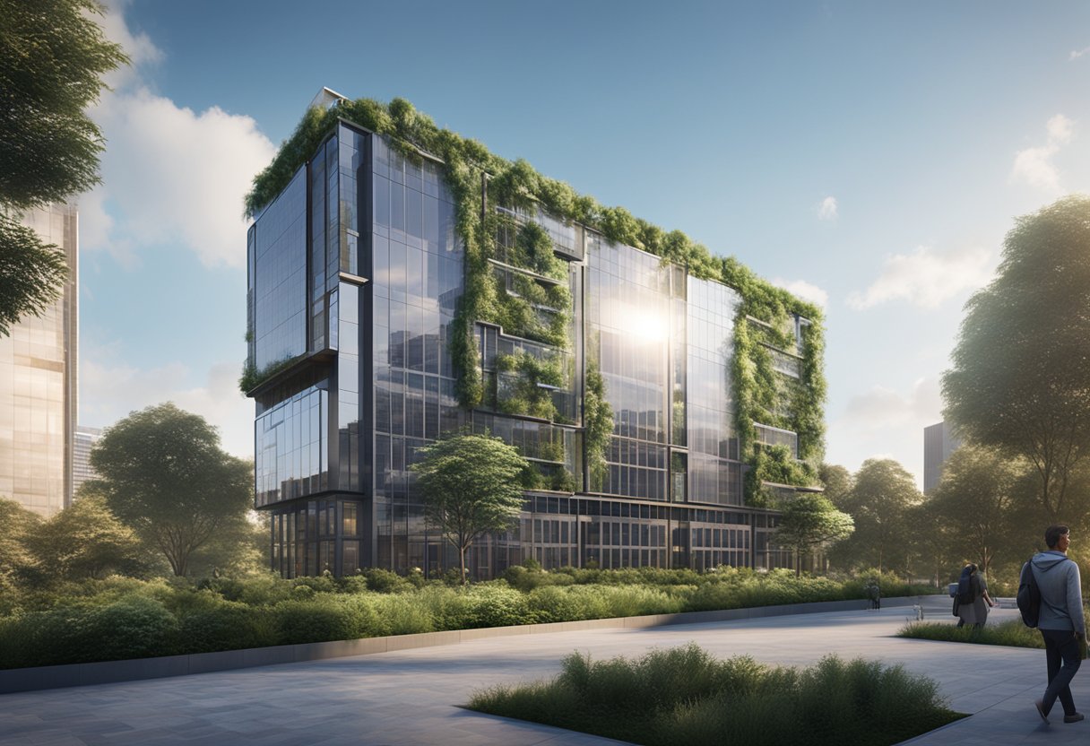 A modern steel skyscraper next to a traditional steel building, both surrounded by greenery and solar panels