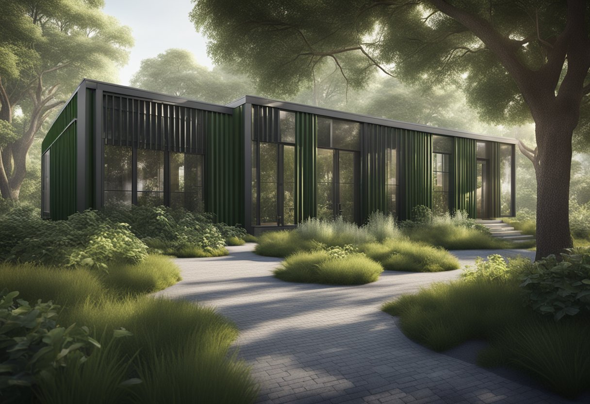 A modern green building constructed with recycled steel beams next to a traditional steel building, both surrounded by lush vegetation