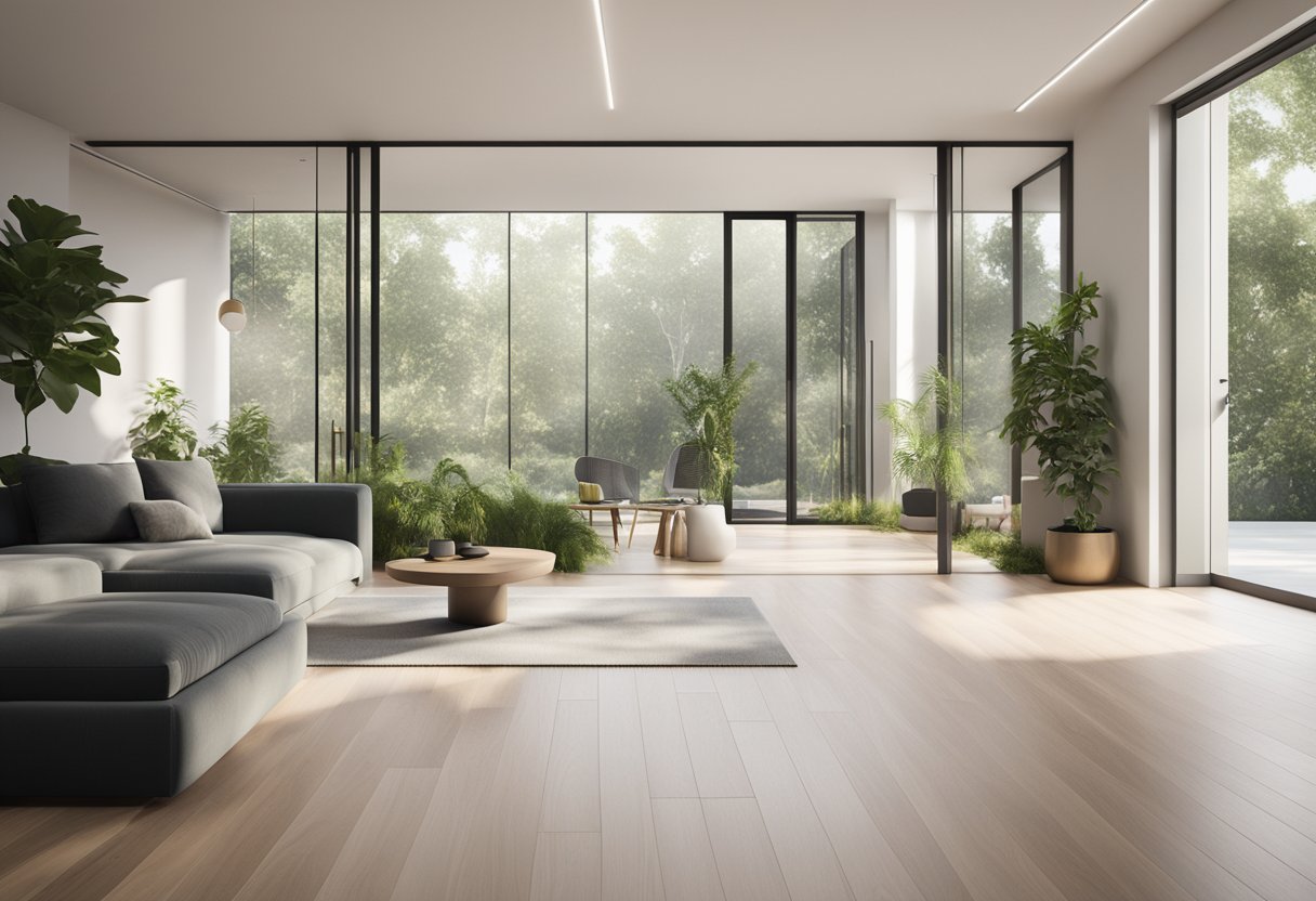 A modern, eco-friendly flooring option showcased in a sleek, minimalist room with natural lighting and greenery