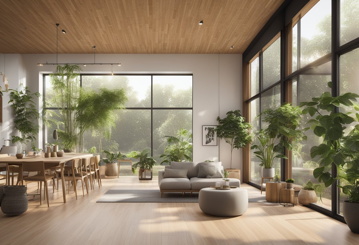 A modern, eco-friendly home with bamboo or cork flooring. Large windows bring in natural light, and potted plants add a touch of greenery to the space