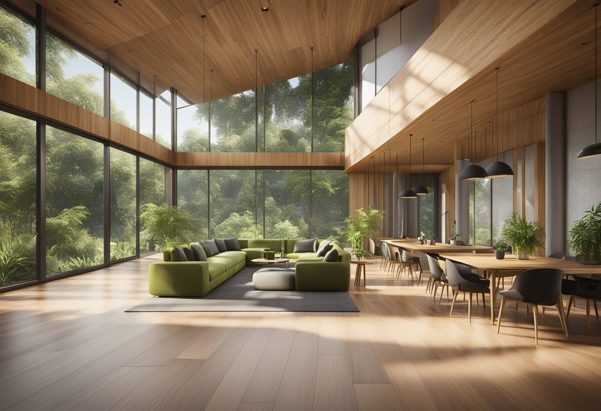 A modern, eco-friendly building with sleek, bamboo flooring and large windows showcasing a lush, green landscape