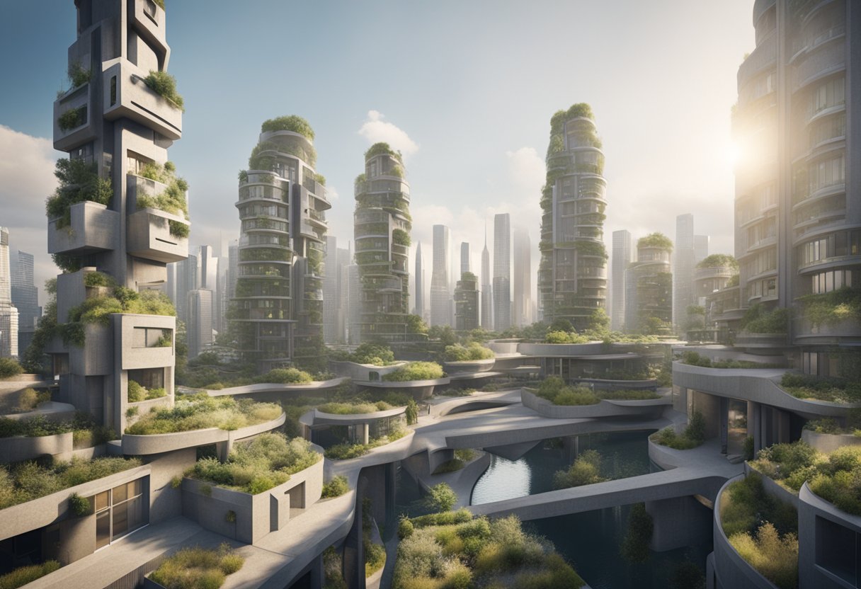 A futuristic cityscape with buildings made of hempcrete and concrete side by side, showcasing the potential future of construction materials