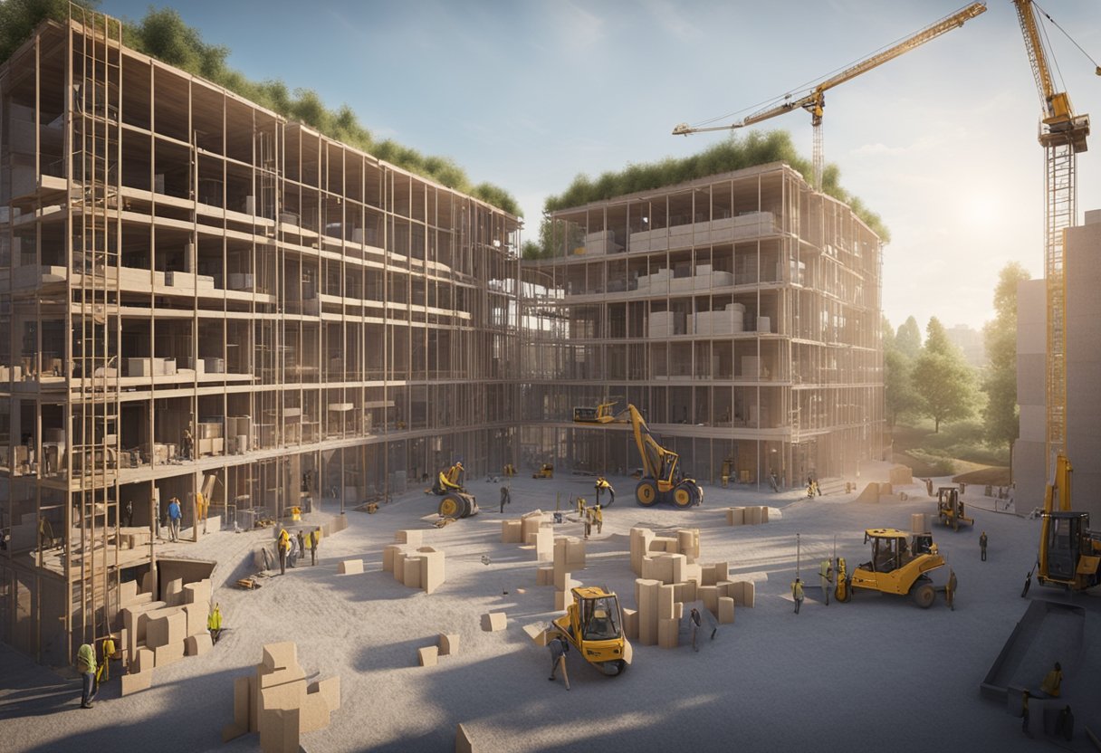 A bustling construction site with workers building structures using both hempcrete and concrete materials