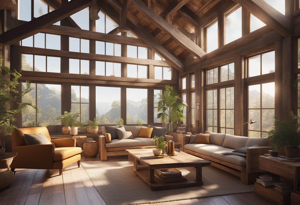 A cozy living room with reclaimed wood furniture, exposed beams, and a warm color palette. Sunlight streams through large windows, casting a natural glow on the rustic decor