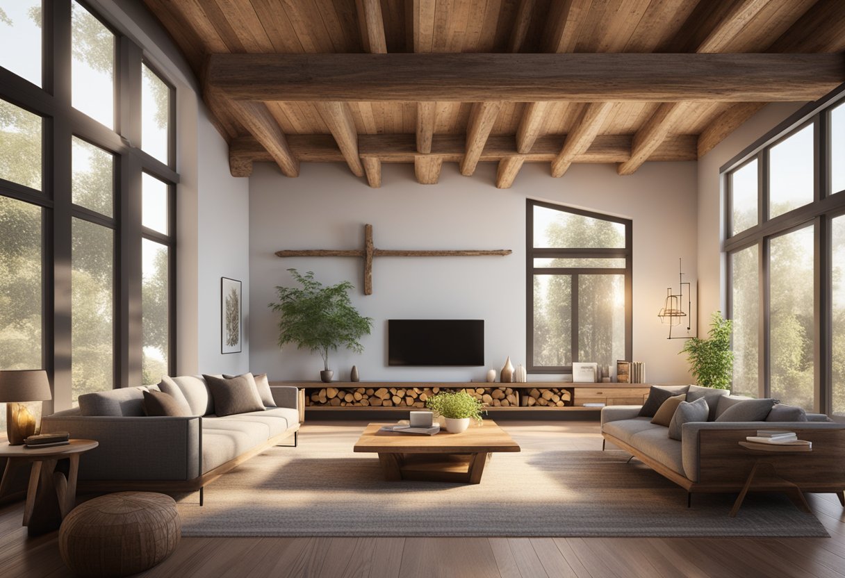 A cozy living room with a reclaimed wood accent wall, rustic coffee table, and wooden beams on the ceiling. Sunlight filters through large windows, casting warm, natural tones throughout the space