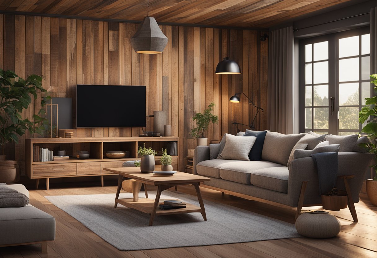 A cozy living room with a reclaimed wood accent wall, vintage furniture, and warm lighting creating a stunning interior design