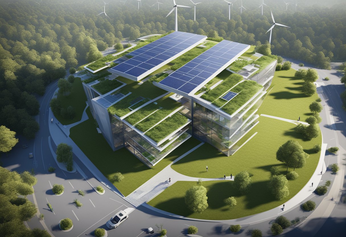 A modern, eco-friendly building under construction with solar panels, wind turbines, and green materials