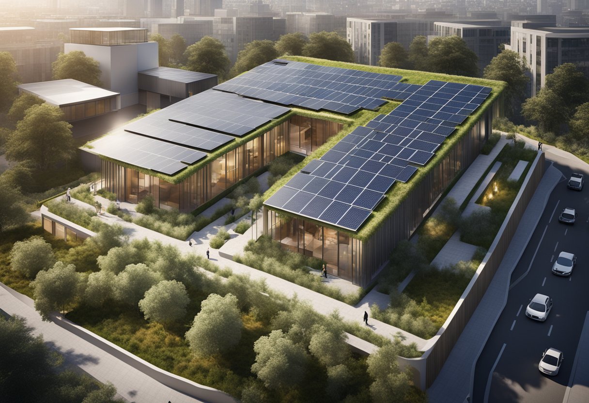 A modern, sustainable building under construction with solar panels, green roofs, and energy-efficient materials