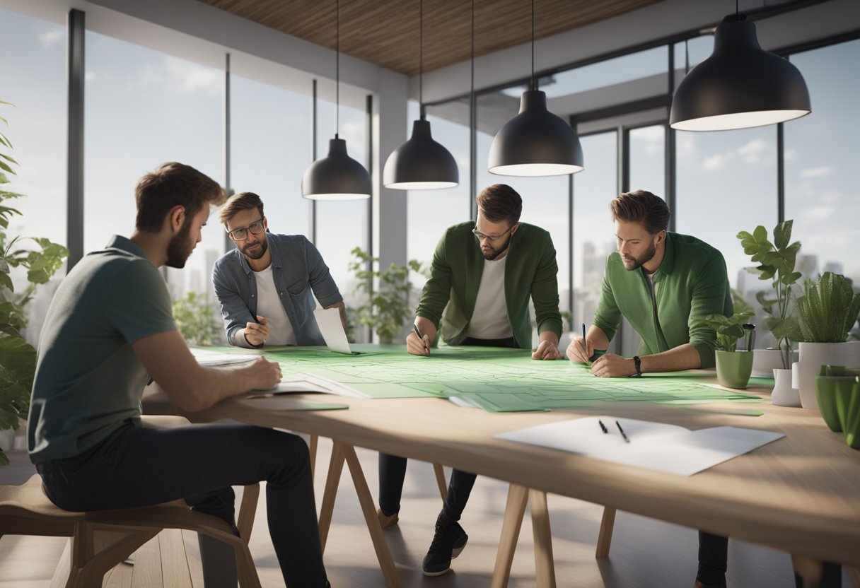 A group of architects and engineers brainstorming around a table, sketching out sustainable building designs with green construction materials