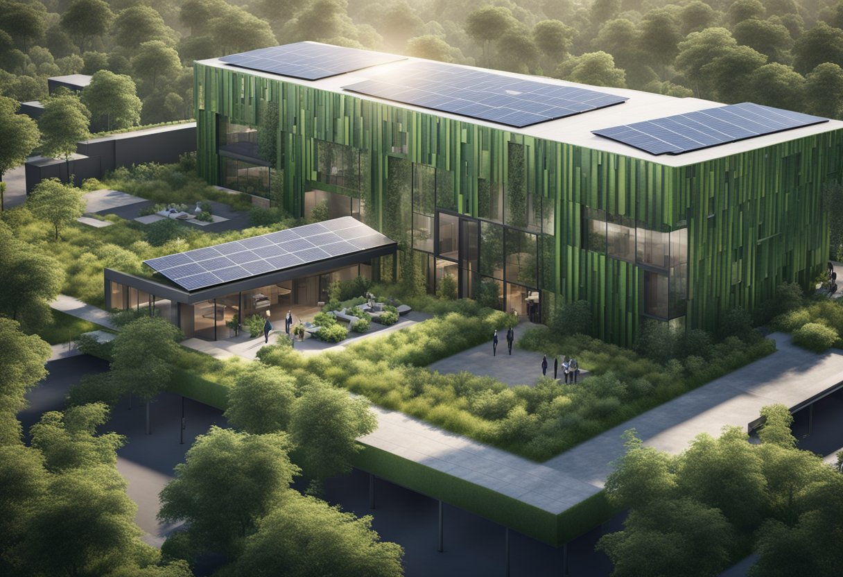 A modern green building with solar panels, wind turbines, and efficient insulation, surrounded by lush vegetation and recycling facilities