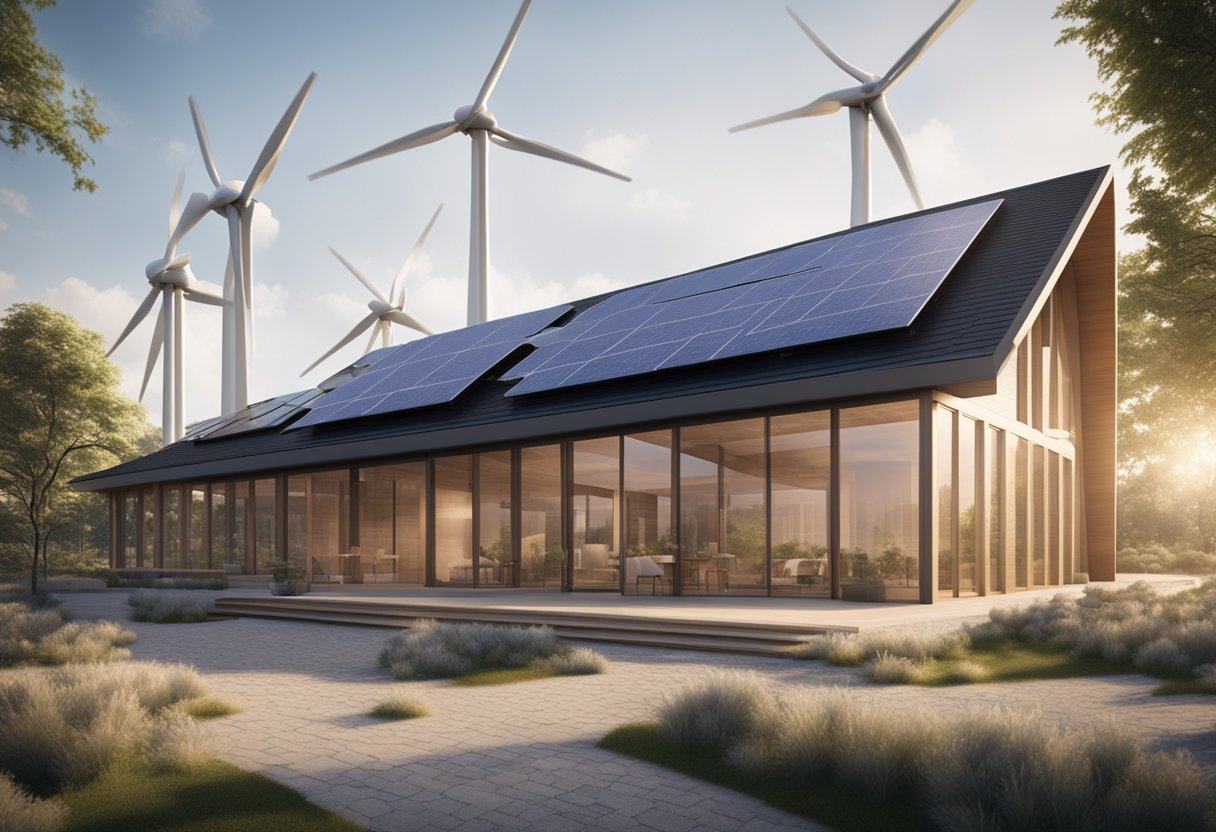 A modern, eco-friendly building under construction with solar panels, wind turbines, and energy-efficient materials