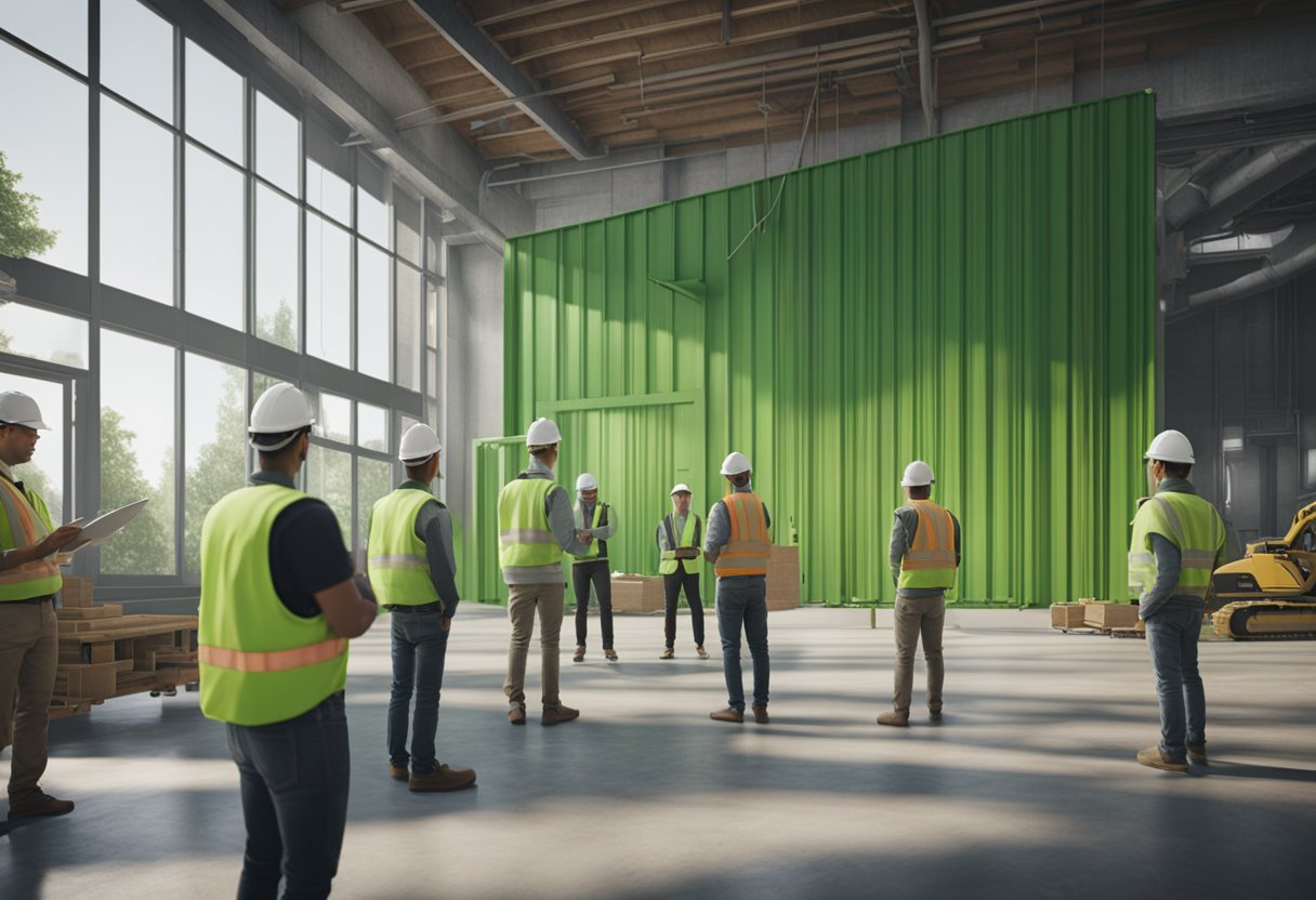 A construction worker carefully inspects a green building, while others operate machinery. A group of people gathers for an educational seminar on sustainable construction techniques