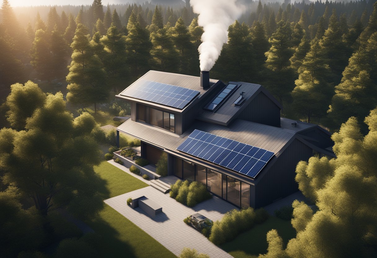 A suburban house with solar panels on the roof, surrounded by trees, next to a traditional power plant emitting smoke