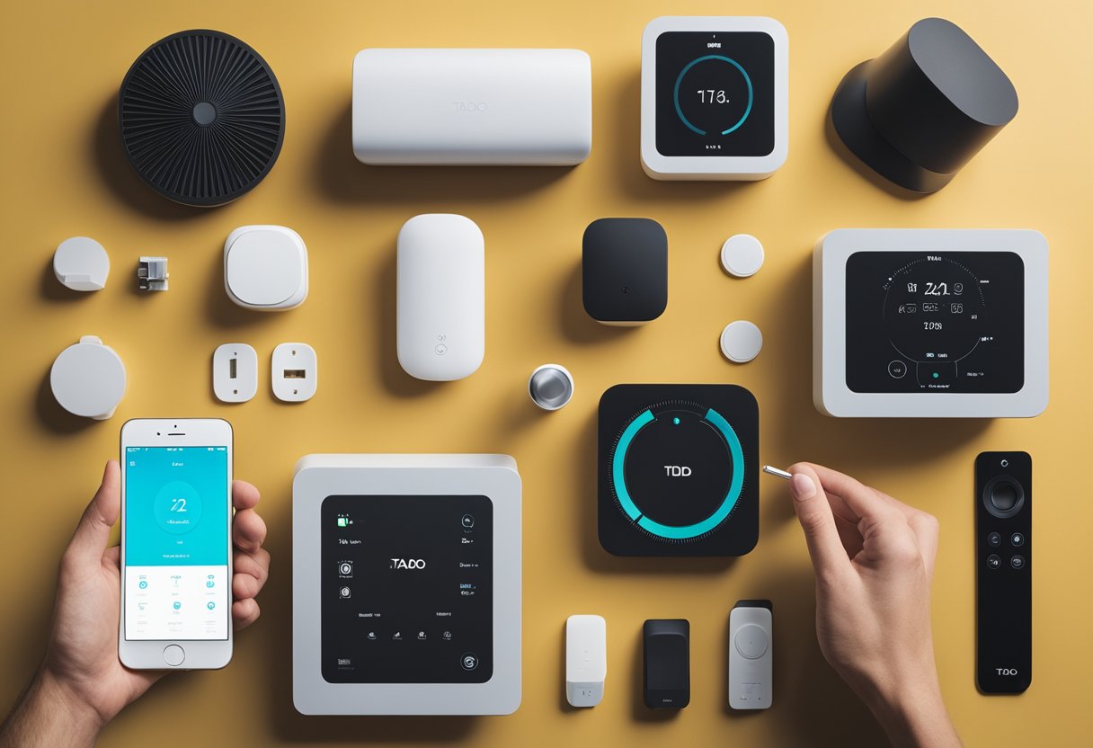 A hand placing the Tado X Starter kit on a table, surrounded by various smart home devices and tools for installation