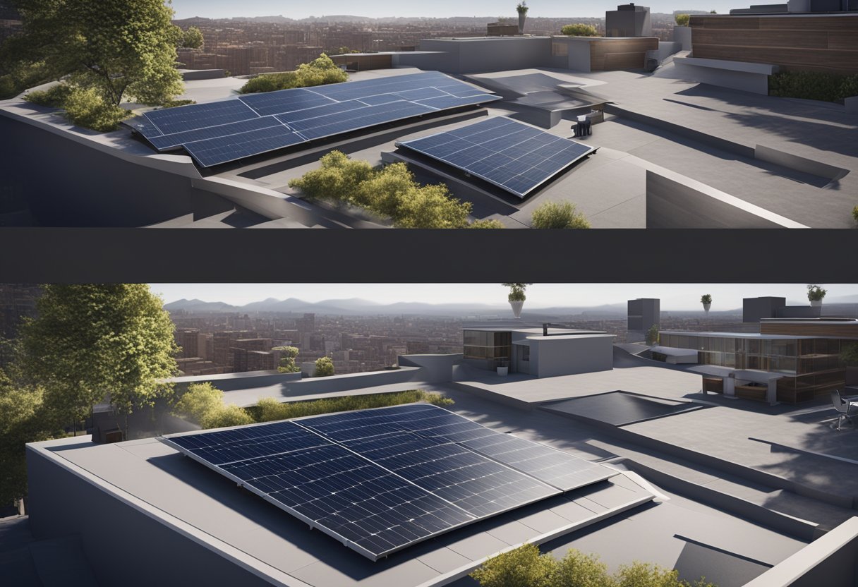 A rooftop with two sections: one with traditional power solar panels and the other with traditional power. A meter tracks energy production and cost savings