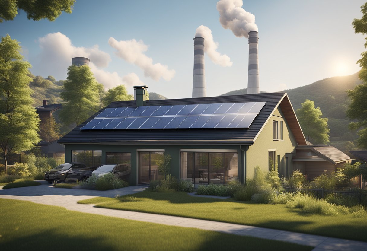 A suburban home with solar panels on the roof next to a traditional power plant with smokestacks, surrounded by a sunny and green landscape