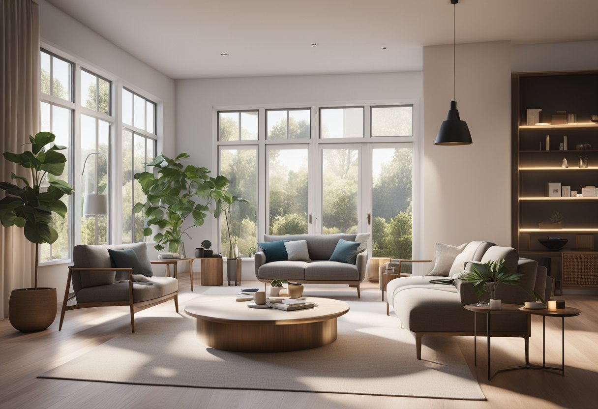 A cozy living room with a modern smart thermostat on the wall, surrounded by energy-efficient appliances and natural light streaming in through the windows