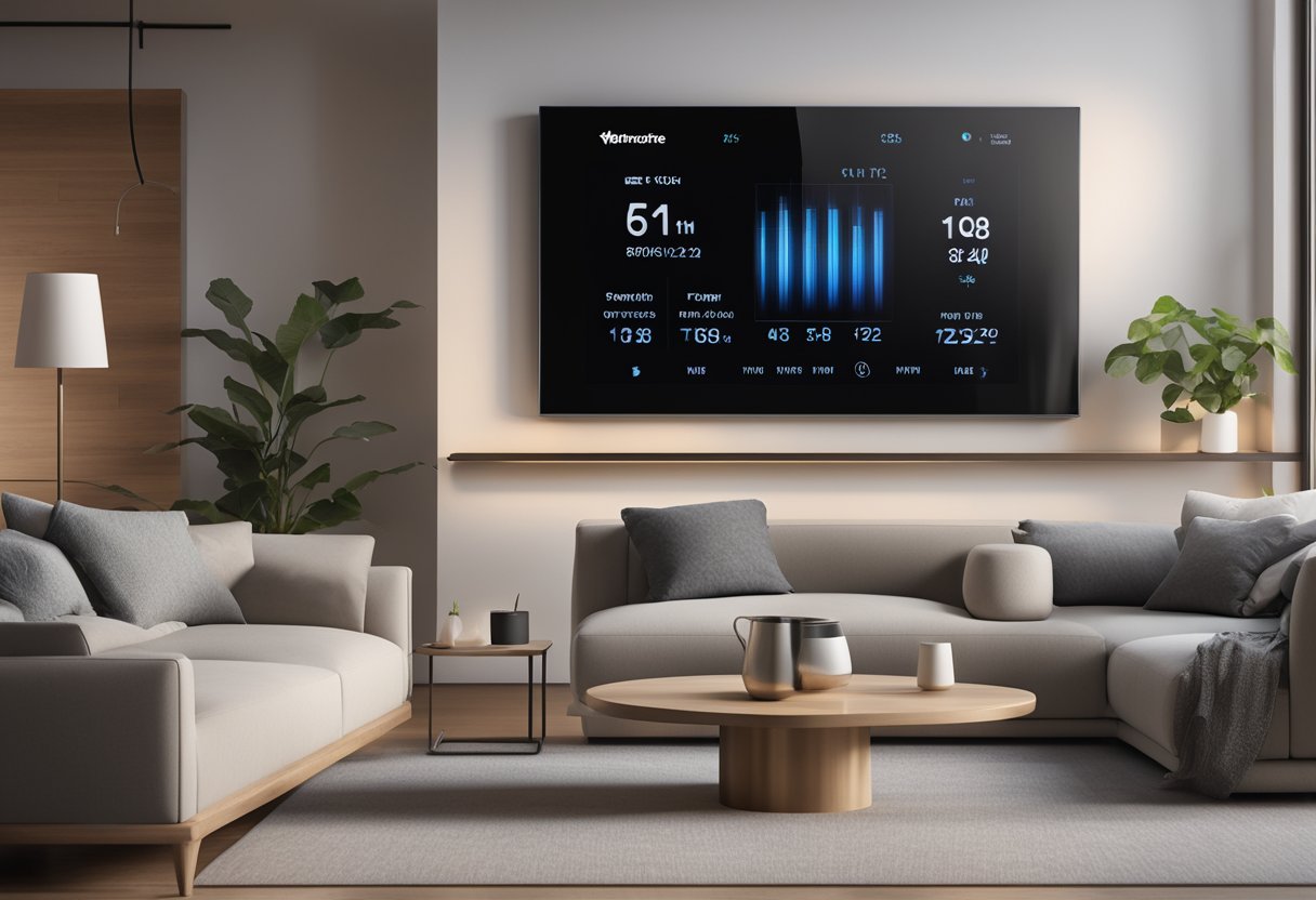 A modern smart thermostat controls the temperature of a sleek, minimalist living room, with a digital display showing energy-saving settings