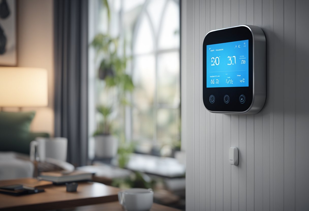 A modern smart thermostat installed in a home, surrounded by electrical wires and connected to the power grid