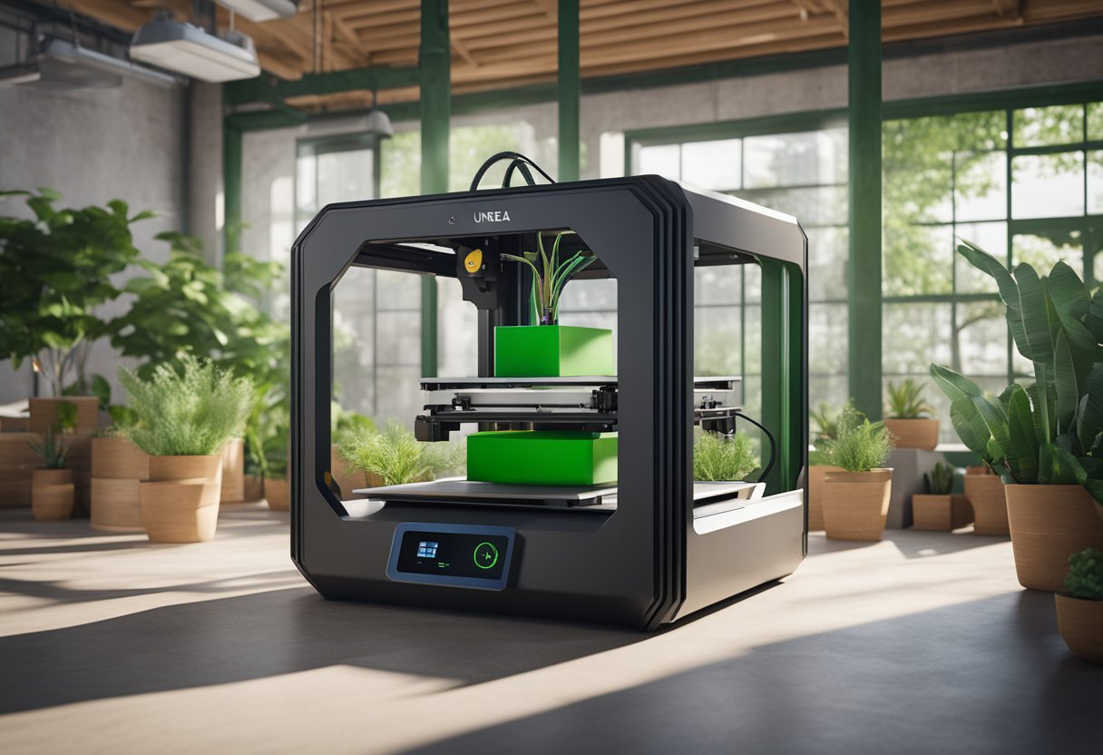 A 3D printer in a construction site, surrounded by eco-friendly materials and plants, with a finished green building in the background