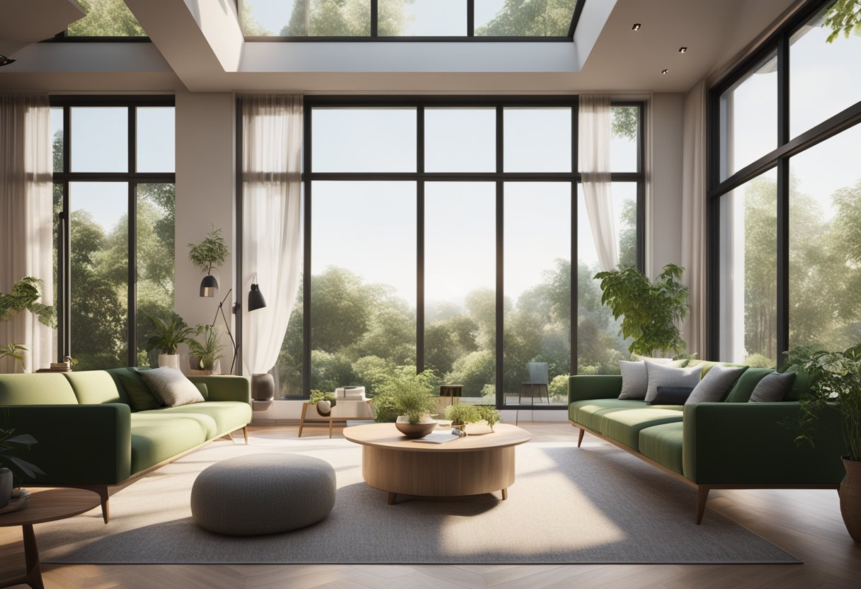 A bright, modern living room with large, double-paned windows, allowing natural light to flood the space. Outside, the sun shines on a lush, green garden, highlighting the energy-efficient windows