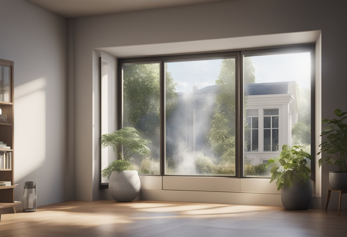 An energy-efficient window being cleaned and maintained with a cloth and cleaning solution, surrounded by a well-insulated and energy-efficient room