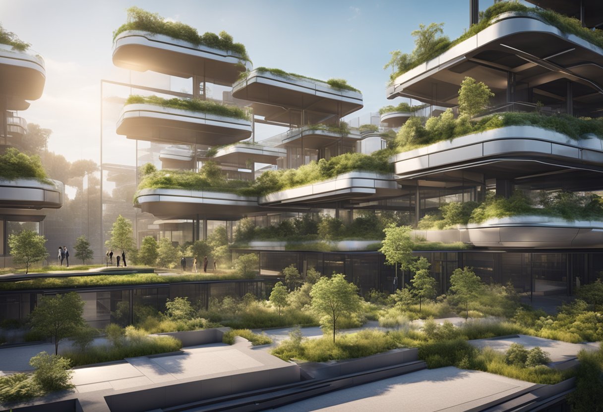 A futuristic construction site with sustainable materials, solar panels, and greenery integrated into the design