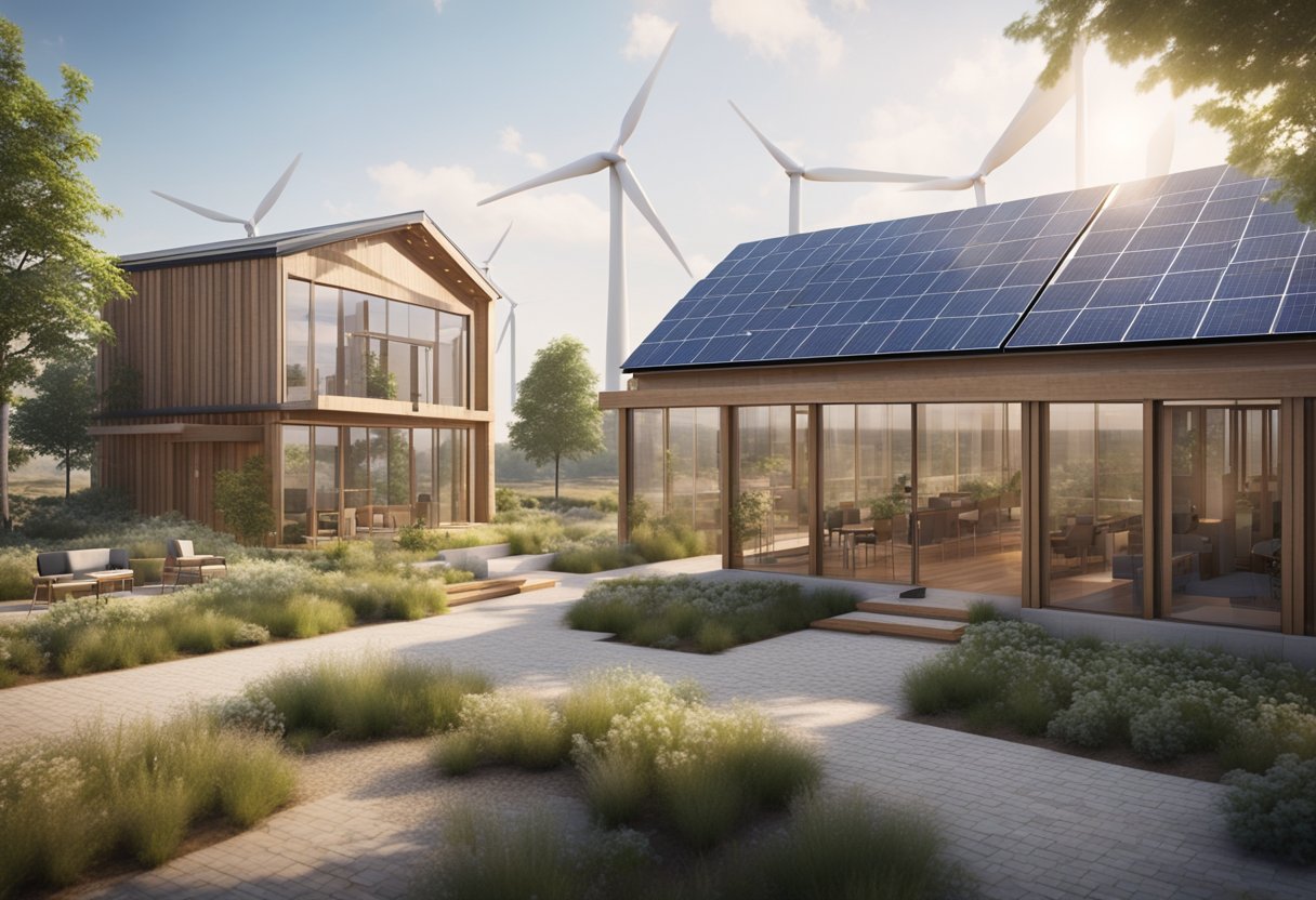 A modern, eco-friendly construction site with solar panels, wind turbines, and green building materials