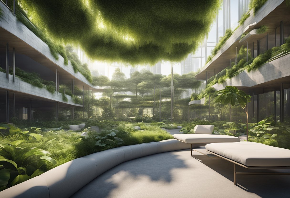 A futuristic green construction site with sustainable materials and renewable energy sources, surrounded by lush greenery and eco-friendly technology