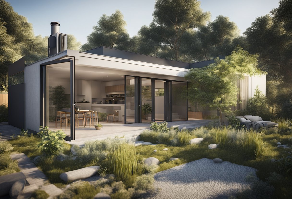 A house with a rainwater harvesting system, collecting water from the roof and storing it in a large tank. The system is connected to the house's plumbing and used for watering the garden