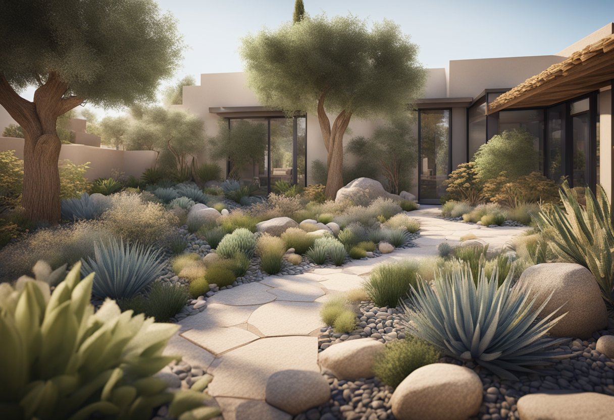 A lush garden with traditional landscaping surrounded by a dry, desert-like xeriscaped yard. The traditional garden is watered with a hose, while the xeriscaped yard has rocks and drought-resistant plants