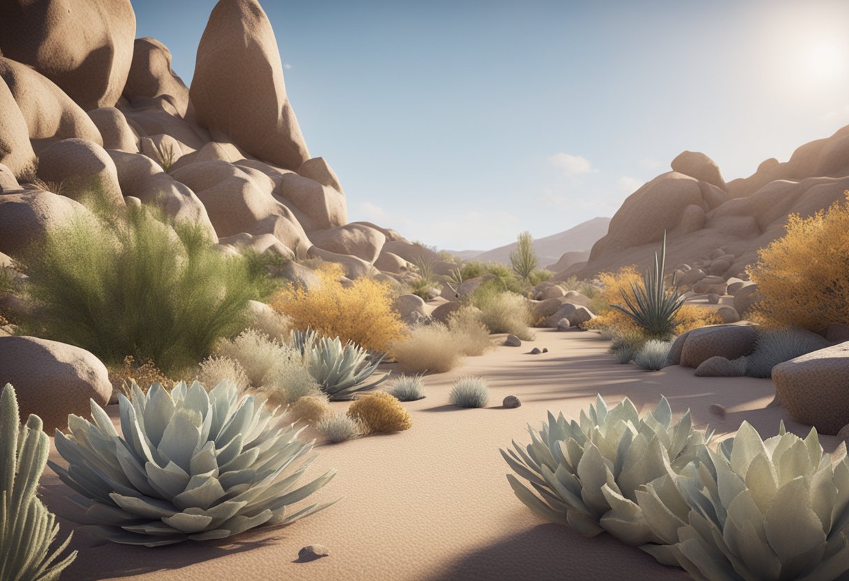 A desert landscape with drought-resistant plants and rocks arranged in a water-efficient xeriscaping design