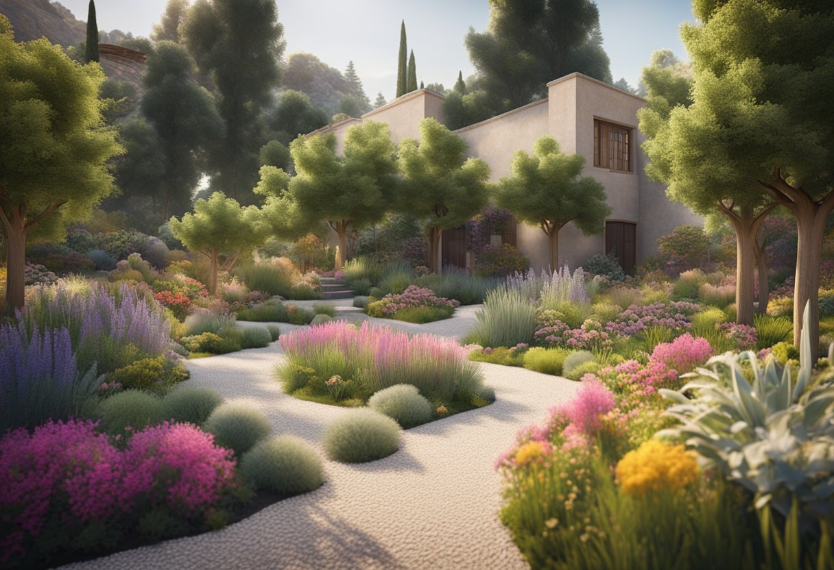 A xeriscaped garden with drought-resistant plants and gravel paths contrasts with a traditional garden with lush green lawns and colorful flower beds